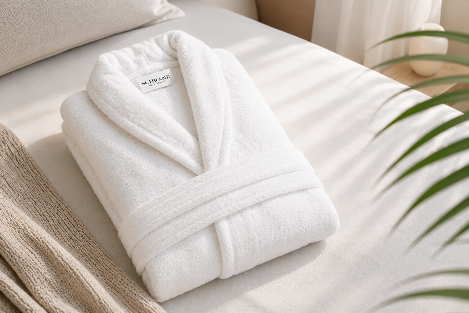 Weißer Bademantel Cosy Eco mit Schalkragen für Hotels und Spa