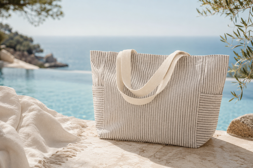 Beige Gestreifte Badetasche Wörthersee für Hotels, Pool und Wellnessbereich