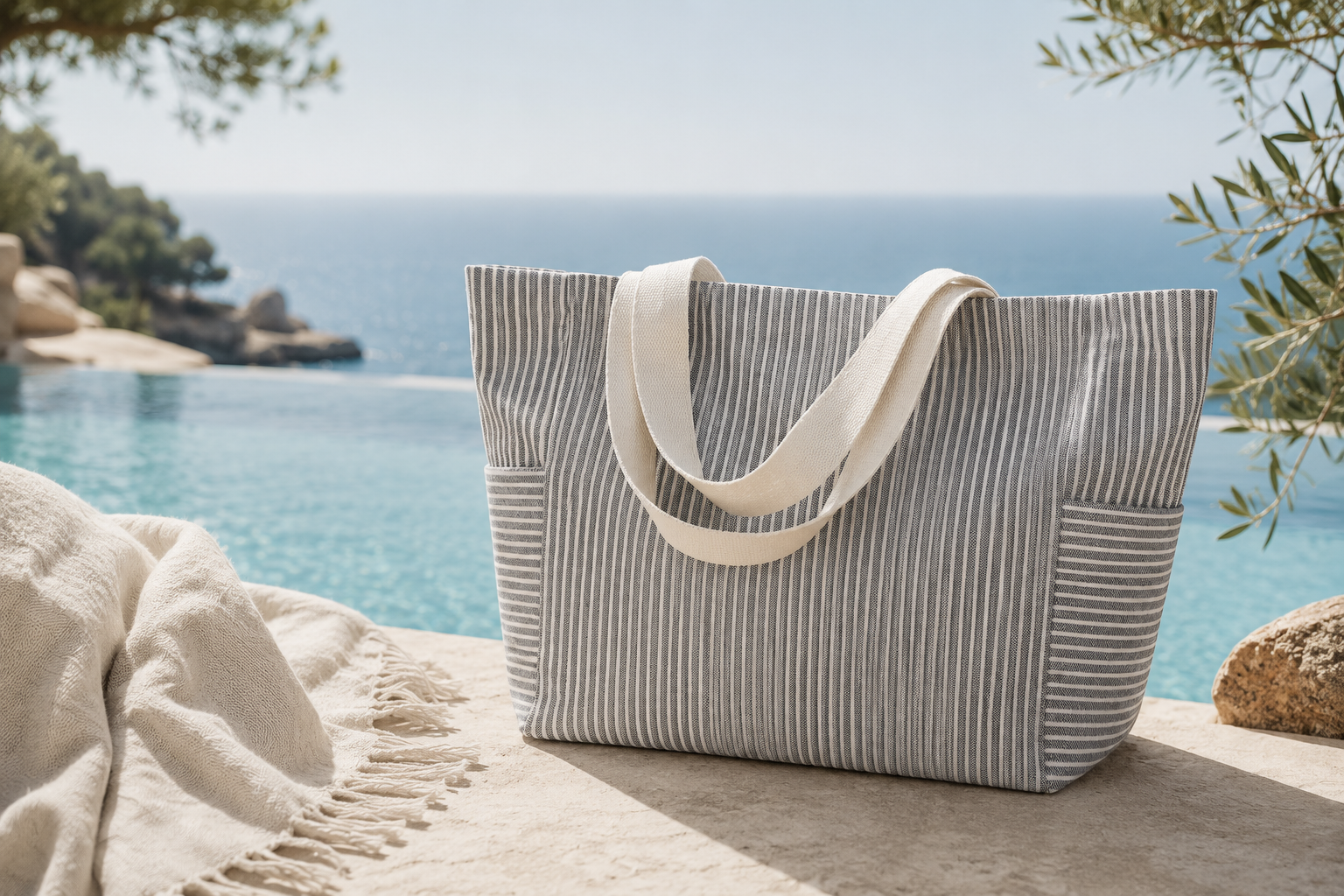 Grau Gestreifte Badetasche Wörthersee für Hotels, Pool und Wellnessbereich